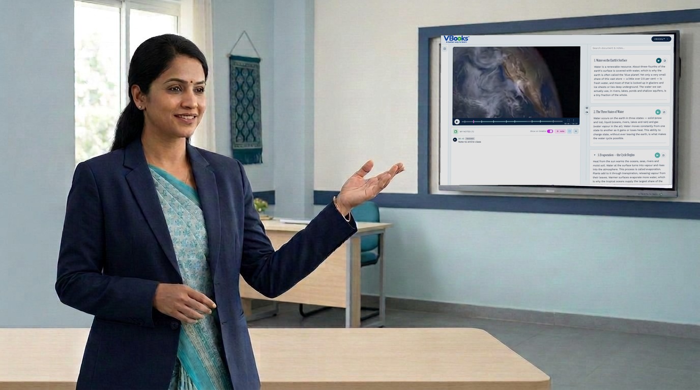A teacher demonstrating VBOOKs™ on a classroom display